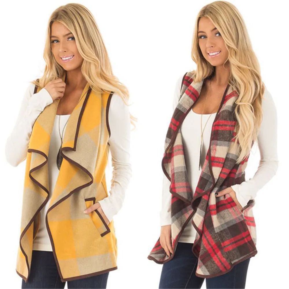 

Ladies Knitted Vest Plaid Printed Cardigan Sleeveless Cloak Coat Turn Down Collar Fashion Streetwear